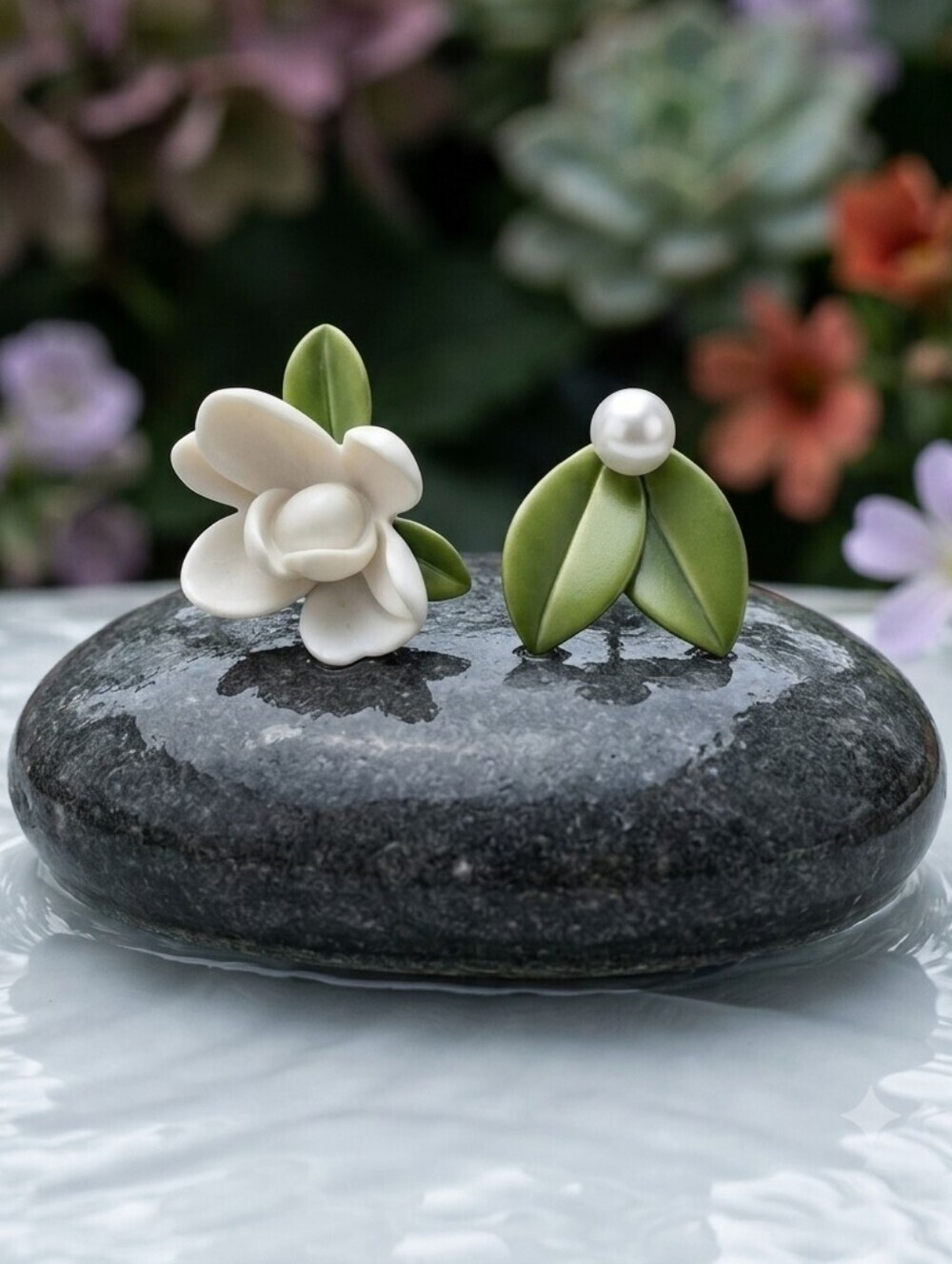 Mismatched Flower and Leaf Resin Stud Earrings 925 Silver Post Cottagecore 1"